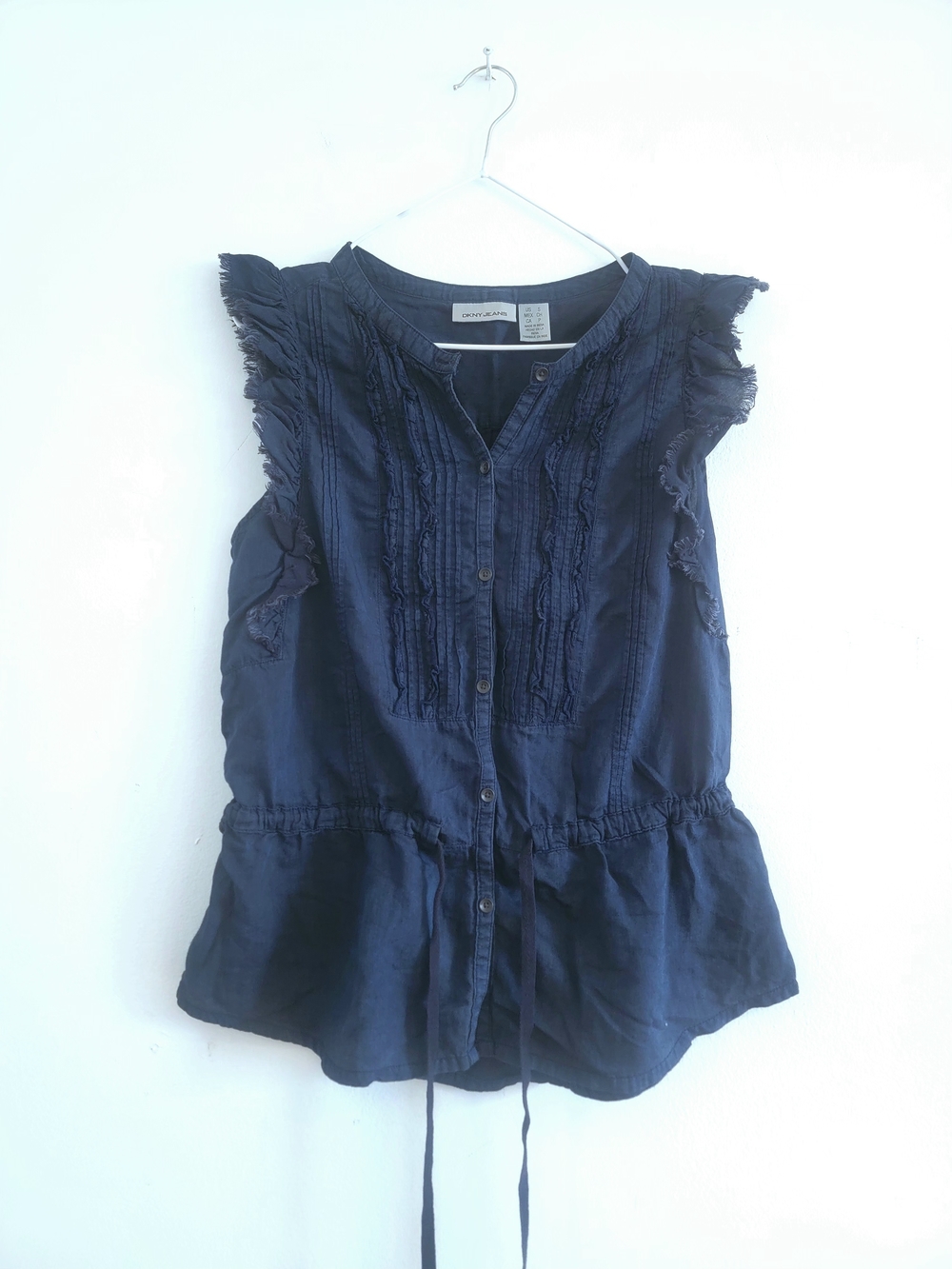 DNKY Navy Ruffle Sleeve Button-Front Peplum Top